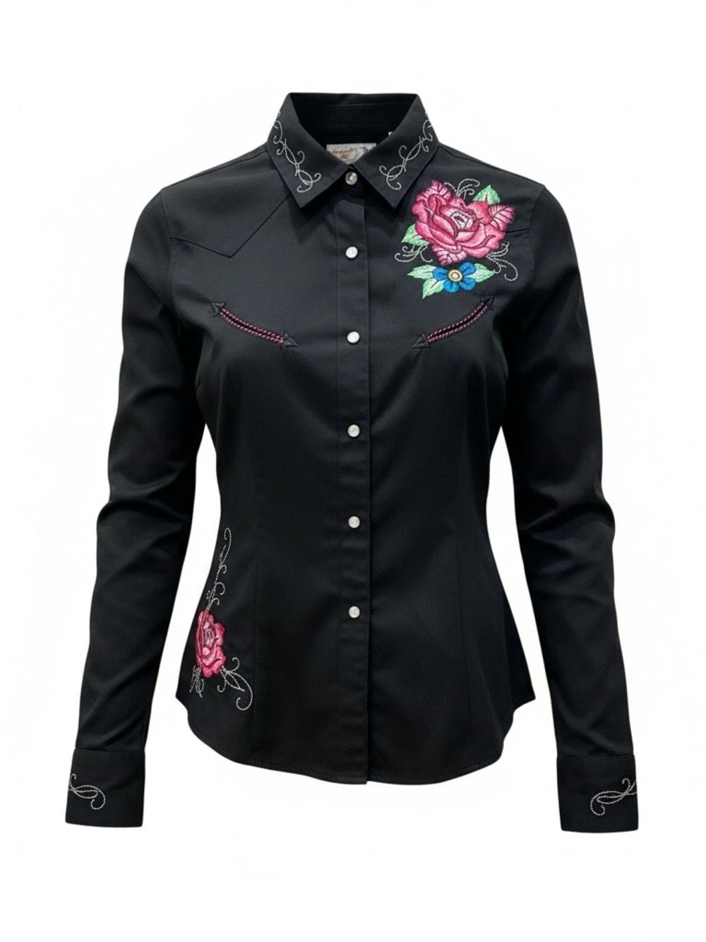 Panhandle Slim Retro Western Wear Embroidered Rose Snap Shirt Black Size M